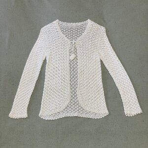 Beaded Tie Front White Crochet Cardigan with Scalloped Trim Detail | Size S